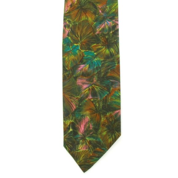 Vintage 1970s Splash Aloha Hawaiian Tiki Floral Men's Neck Tie Green Palm Trees - Picture 2 of 5